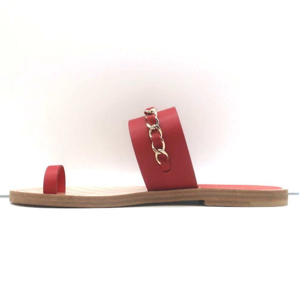 Chanel 19C CC Chain Toe-Strap Flat Slide Sandals Red Leather Size 37.5 - Picture 8 of 13